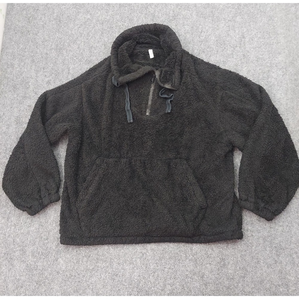 Free People Movement Fleece Pullover Womens Large Black 1/4 Zip Pockets Big‎ Sky